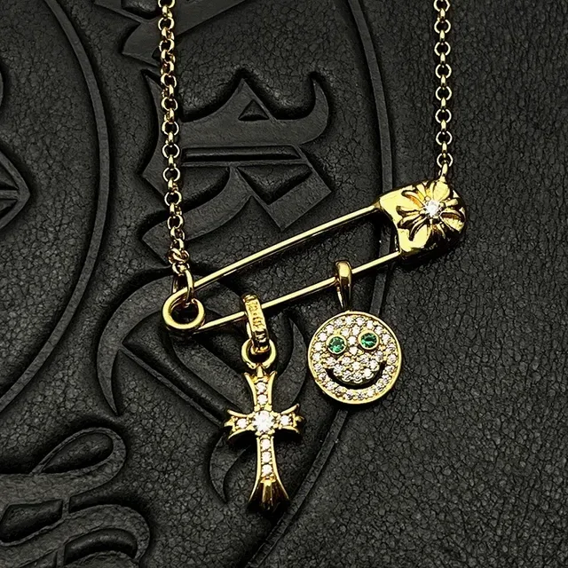 Chrome Hearts Safety Pin Gold Silver Pendant Pavé-Set Cross Charm Necklace 3