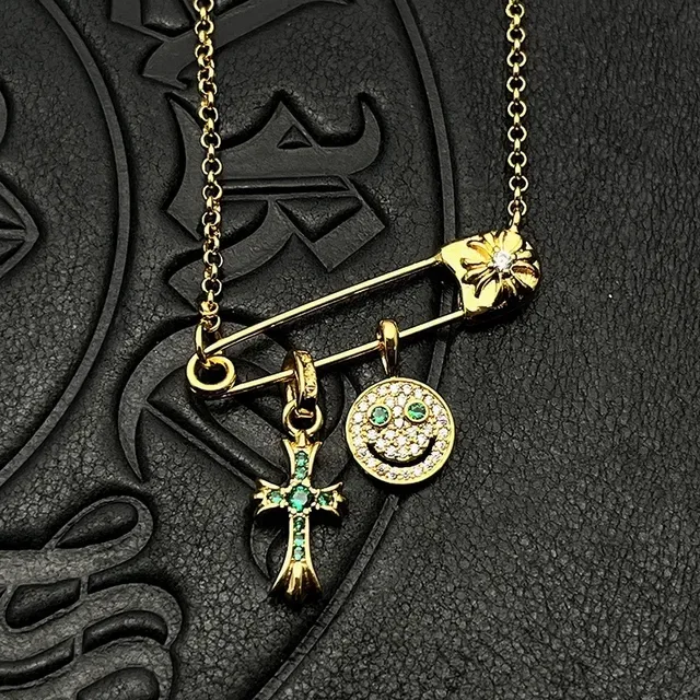 Chrome Hearts Safety Pin Gold Silver Pendant Pavé-Set Cross Charm Necklace 4