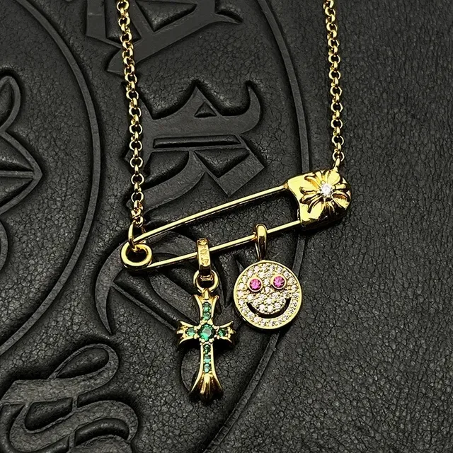 Chrome Hearts Safety Pin Gold Silver Pendant Pavé-Set Cross Charm Necklace 5