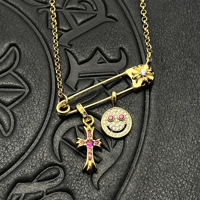 Chrome Hearts Safety Pin Gold Silver Pendant Pavé-Set Cross Charm Necklace 6