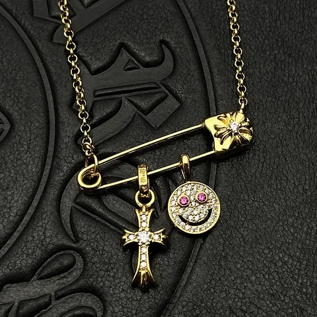 Chrome Hearts Safety Pin Gold Silver Pendant Pavé-Set Cross Charm Necklace 7