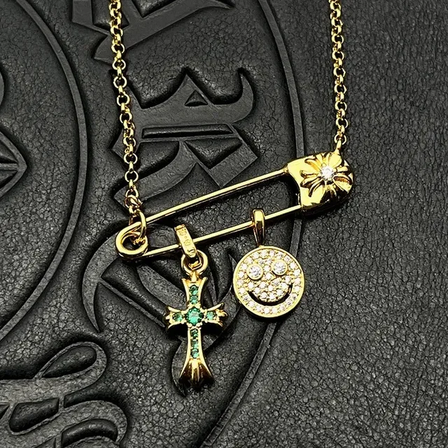 Chrome Hearts Safety Pin Gold Silver Pendant Pavé-Set Cross Charm Necklace 8