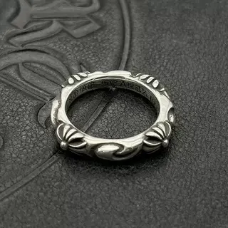 Chrome Hearts Silver Ornate Floral-Cross Motif Raised Relief Detailing Ring