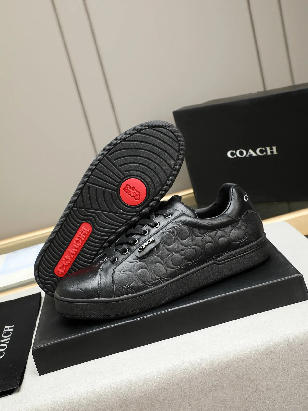 Coach Lifestyle Sneaker Black Embossed C-Logo Leather Upper Flat Platform Sole Lifestyle Sneakers 4