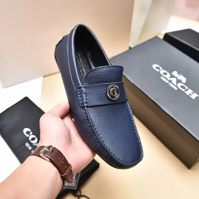 Coach Navy Silver Pebbled Leather Single Strap Loafer 6