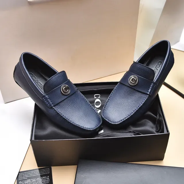 Coach Navy Silver Pebbled Leather Single Strap Loafer 9