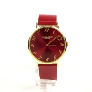 Coach Red Gold Round Case Leather Strap Quartz Watch