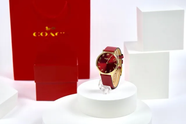 Coach Red Gold Round Case Leather Strap Quartz Watch 2