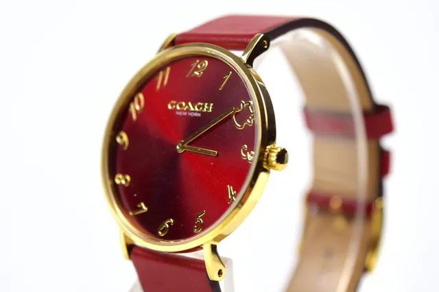 Coach Red Gold Round Case Leather Strap Quartz Watch 8