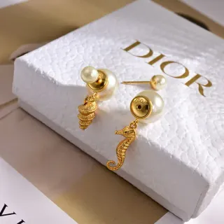 Dior Asymmetrical Pearl and Gold Seahorse Shell Earrings