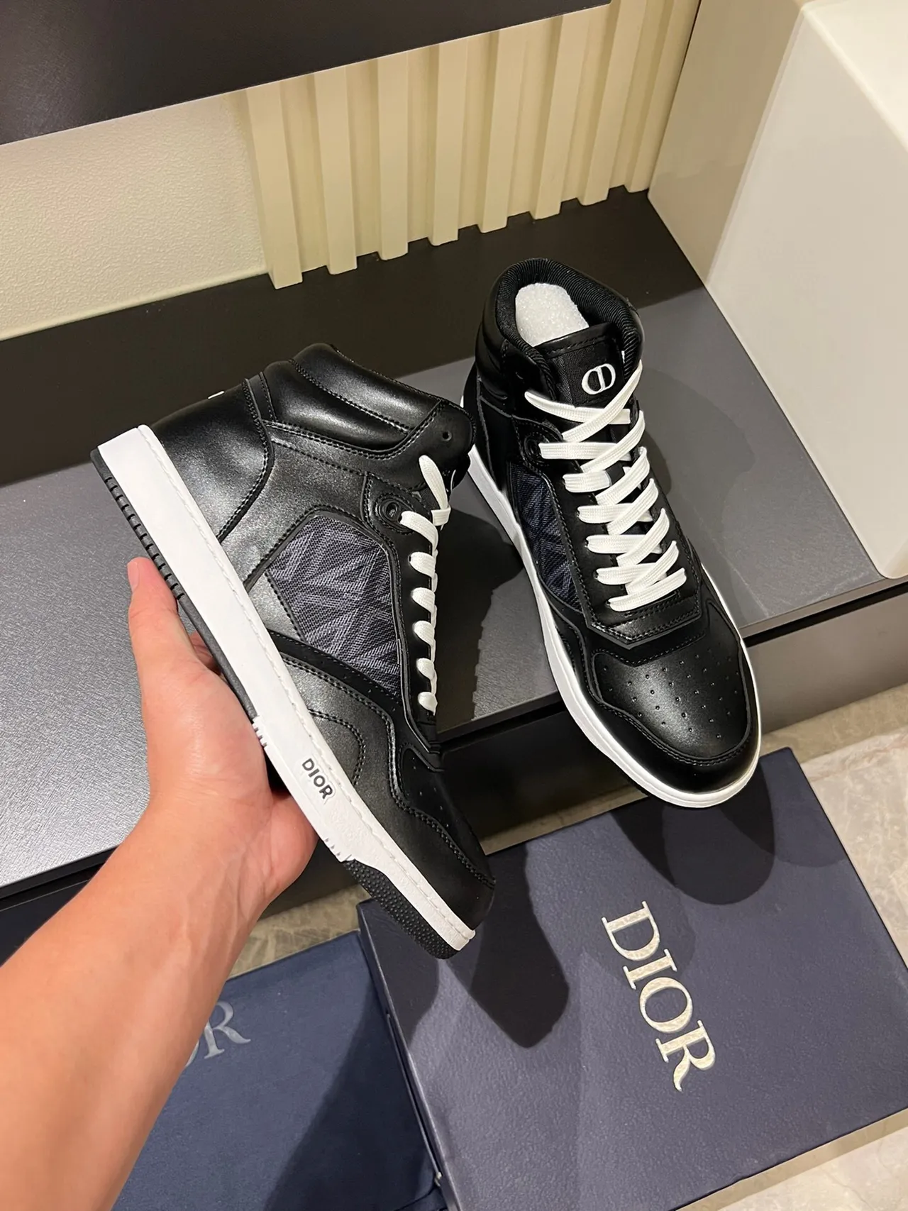 Dior B23 Black and White Leather-Mesh High-Top Lifestyle Sneakers 6