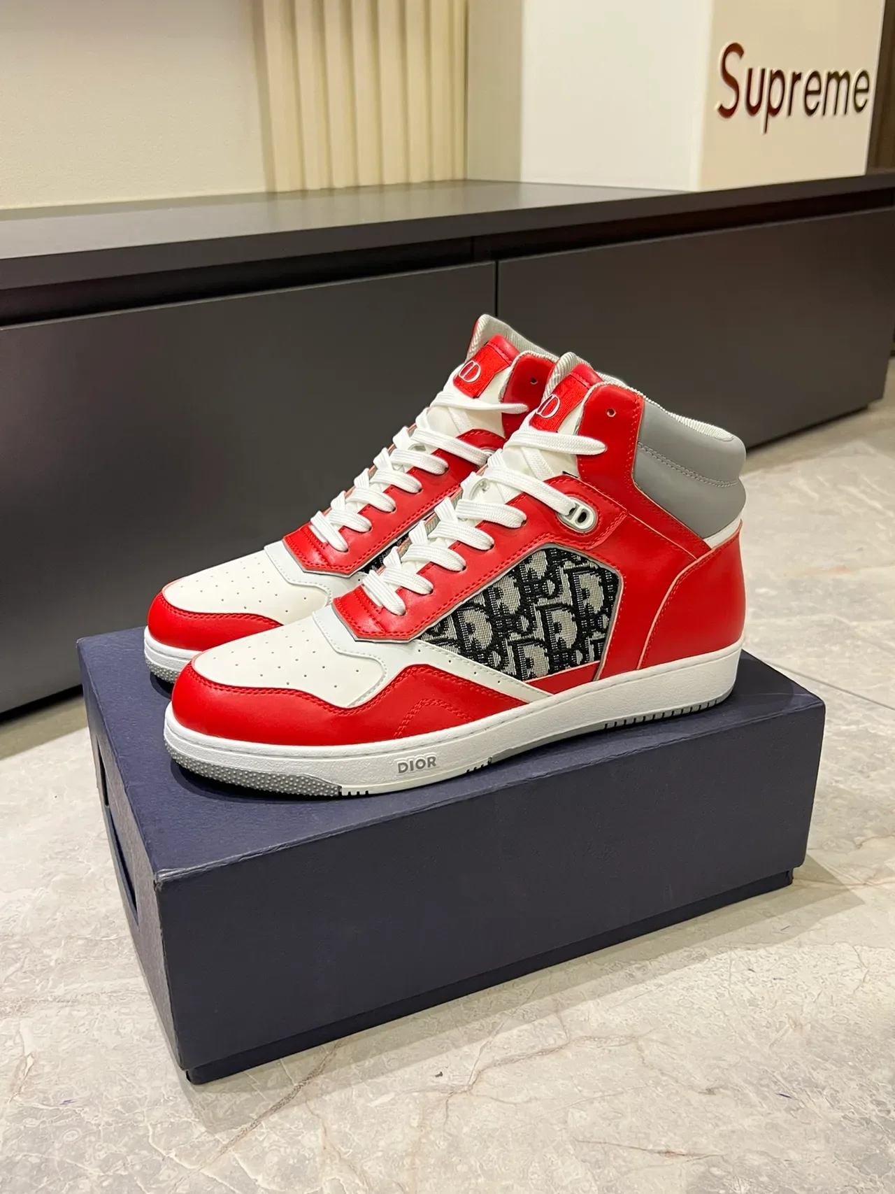 Dior B23 High Red and White Monogram Lifestyle Sneakers 4