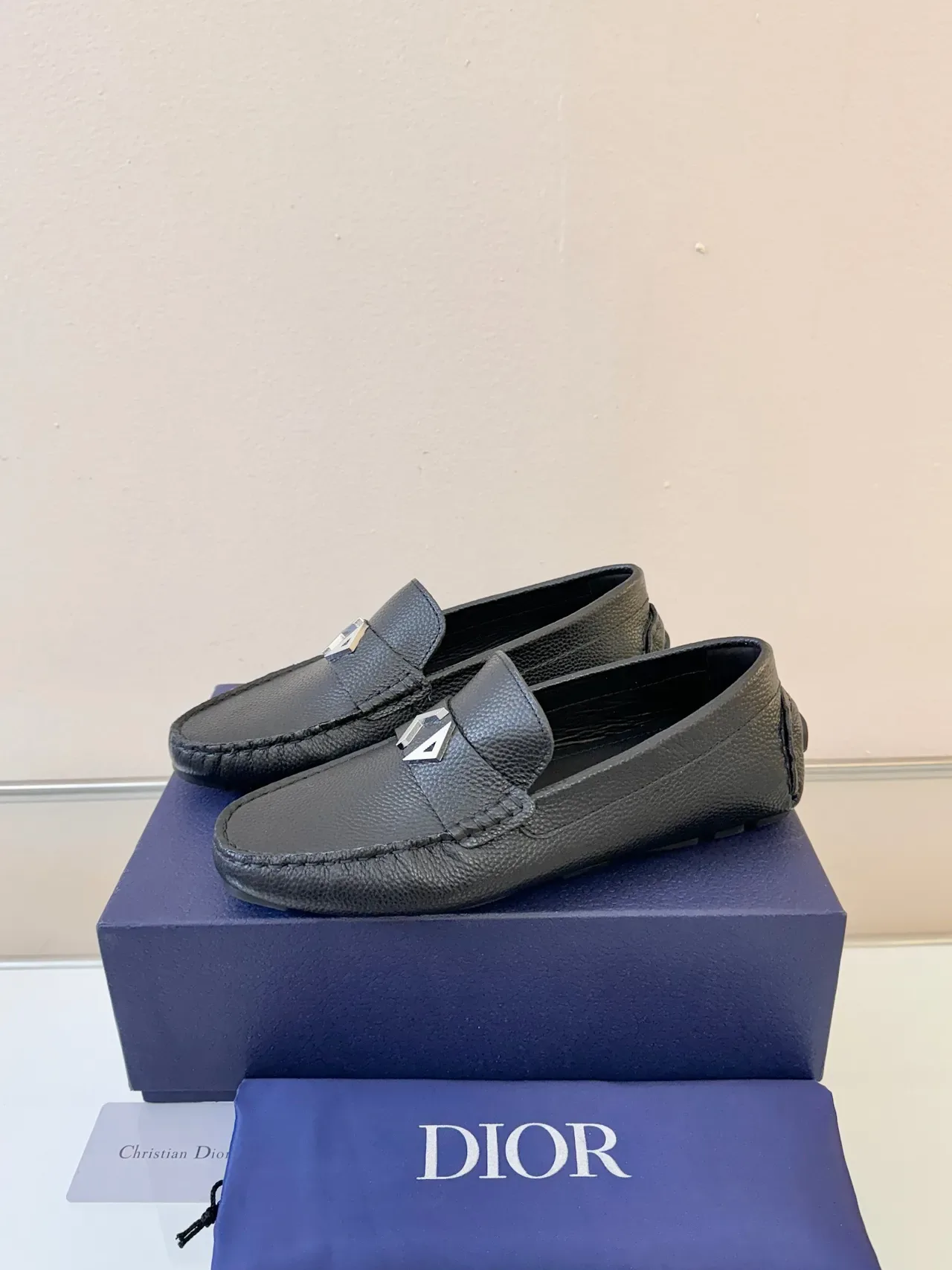 Dior B27 Black Pebbled Leather Metal Geometric Buckle Loafer 2