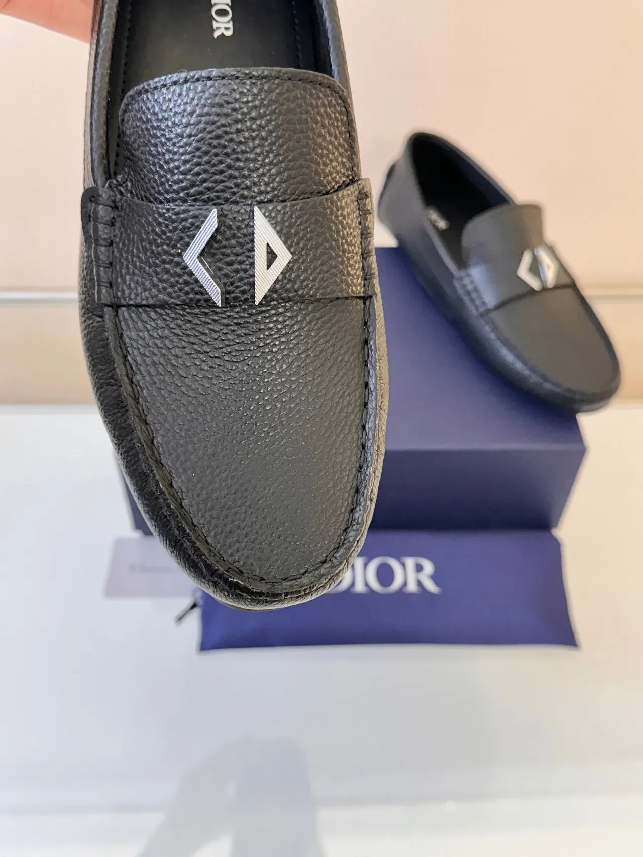 Dior B27 Black Pebbled Leather Metal Geometric Buckle Loafer 3
