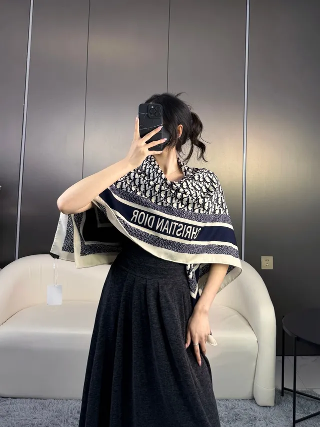Dior Beige Black Geometric Pattern Herringbone Weave Scarve 2