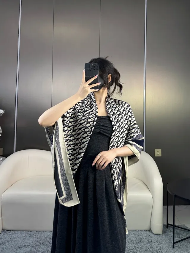 Dior Beige Black Geometric Pattern Herringbone Weave Scarve 3