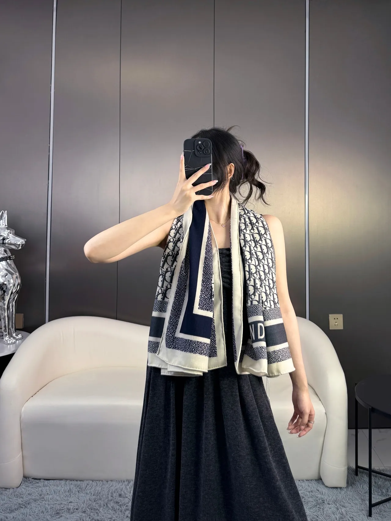 Dior Beige Black Geometric Pattern Herringbone Weave Scarve 4