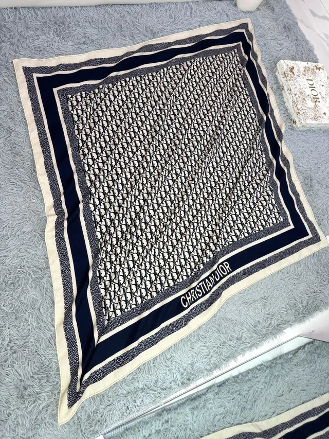 Dior Beige Black Geometric Pattern Herringbone Weave Scarve 7