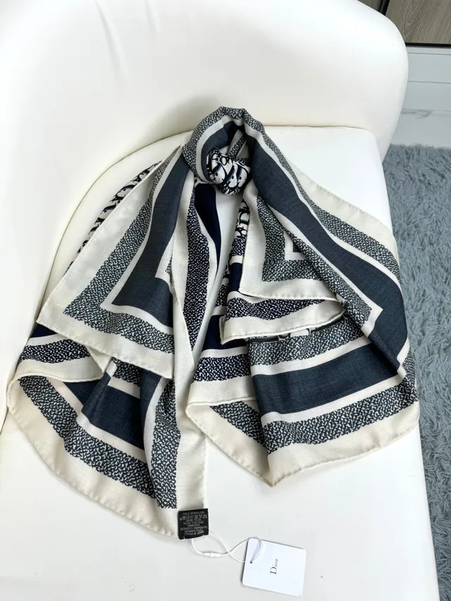 Dior Beige Black Geometric Pattern Herringbone Weave Scarve 9
