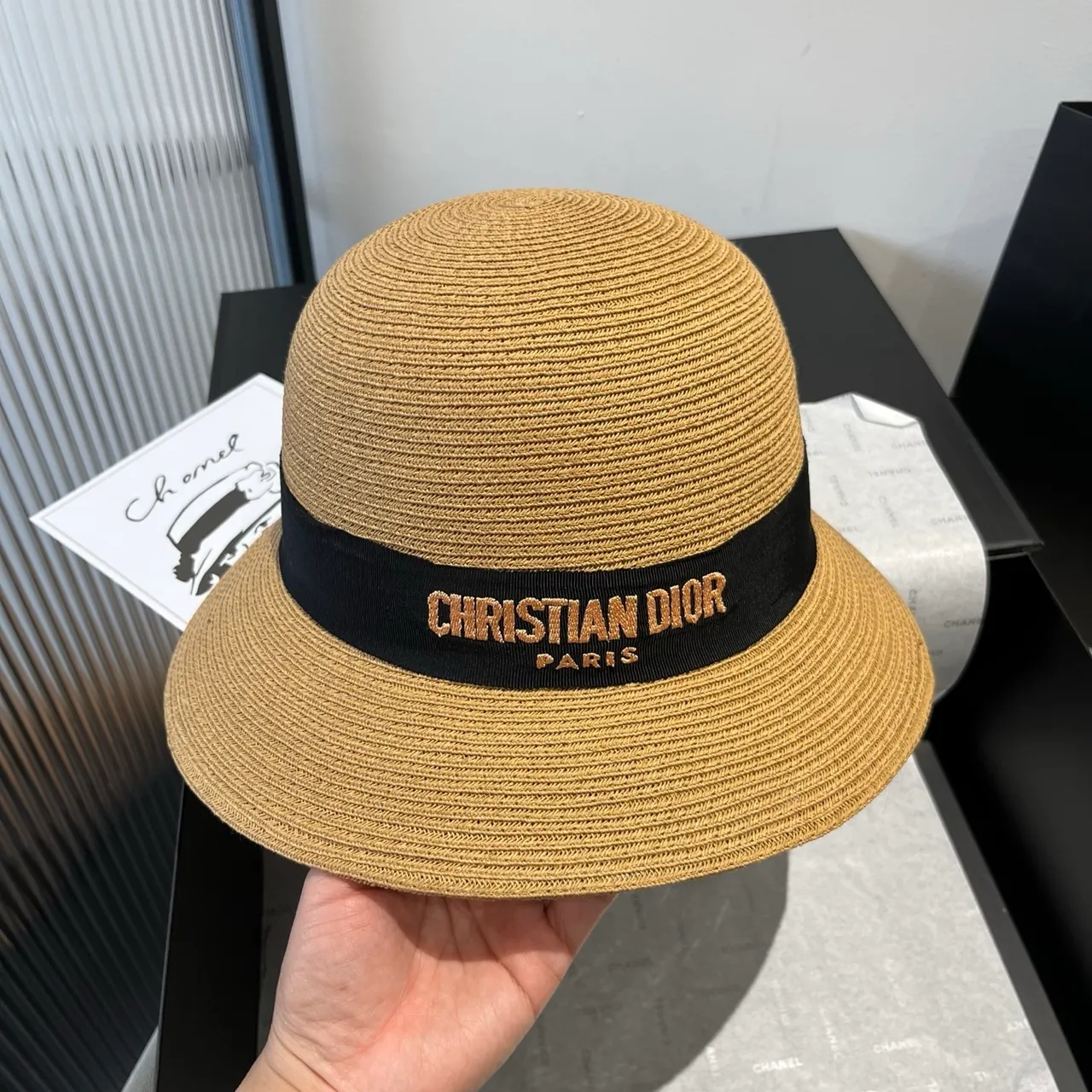 Dior Beige Noir Paille Tressée Couronne Structurée Fedora 3
