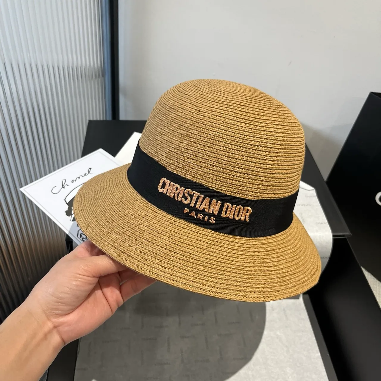 Dior Beige Noir Paille Tressée Couronne Structurée Fedora 7