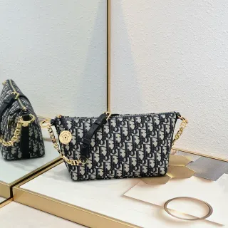 Dior Black Beige Oblique Monogram Canvas Gold-Tone Strap Chain Bag