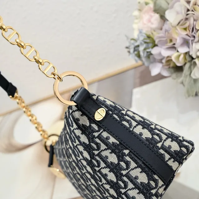 Dior Black Beige Oblique Monogram Canvas Gold-Tone Strap Chain Bag 6