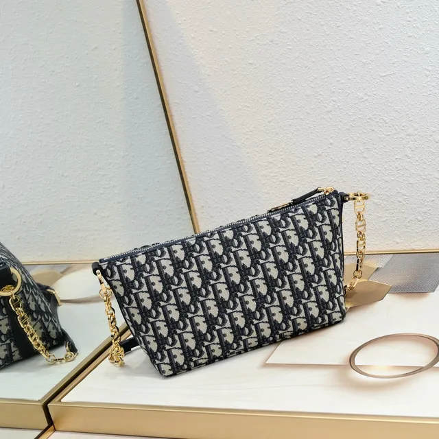 Dior Black Beige Oblique Monogram Canvas Gold-Tone Strap Chain Bag 8