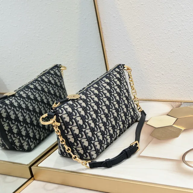 Dior Black Beige Oblique Monogram Canvas Gold-Tone Strap Chain Bag 9