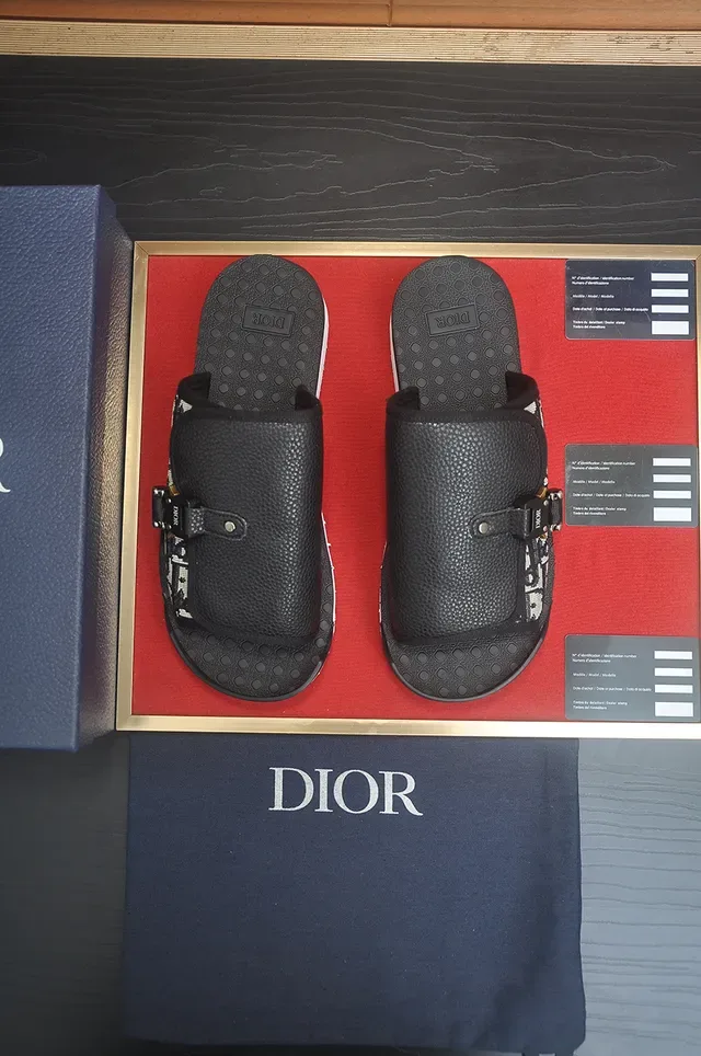 Dior Black White Monogrammed Strap Pebbled Leather Flap Slippers 2
