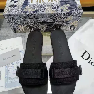 Dior Black Wide Double Strap Embossed Branding Slippers