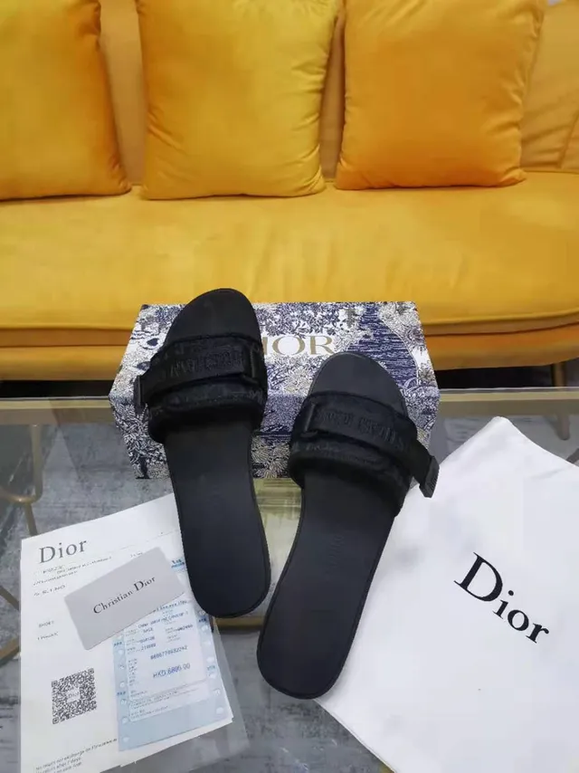 Dior Black Wide Double Strap Embossed Branding Slippers 3