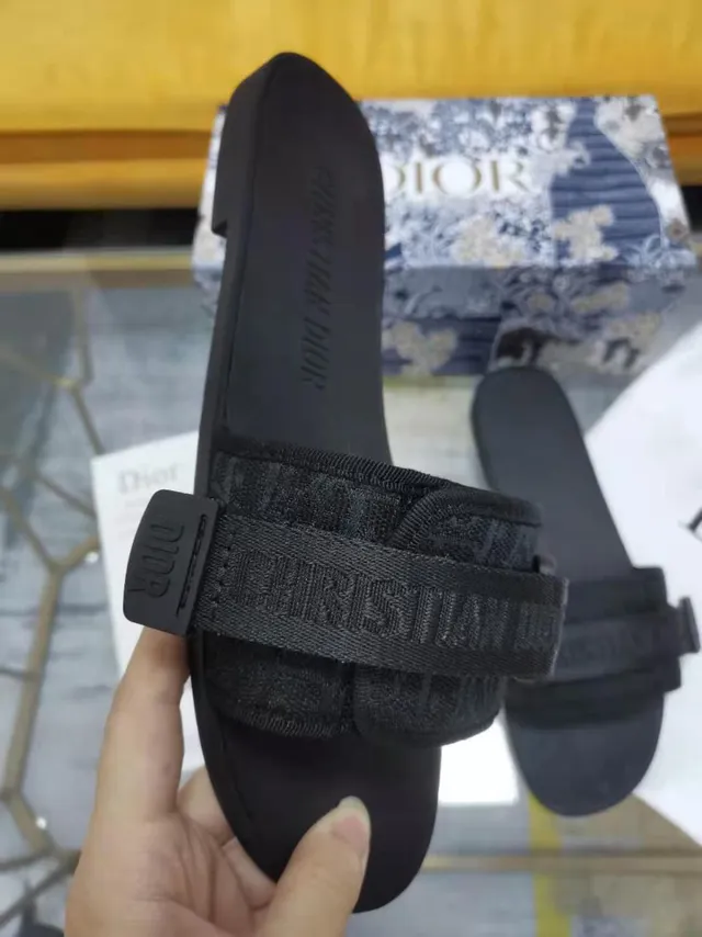 Dior Black Wide Double Strap Embossed Branding Slippers 5