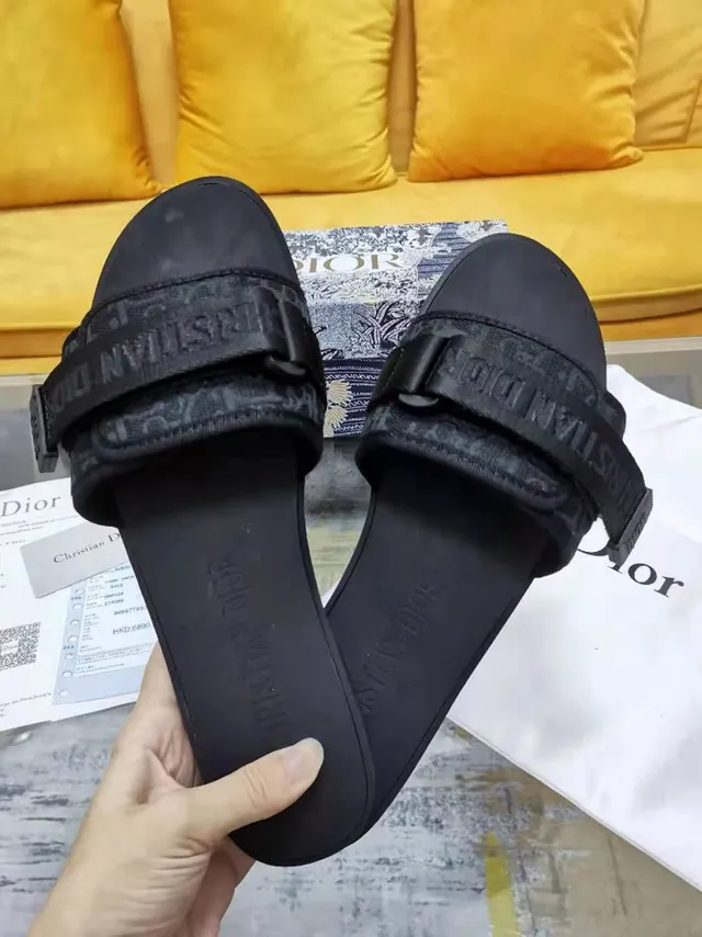 Dior Black Wide Double Strap Embossed Branding Slippers 6