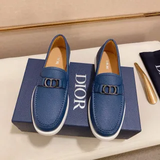 Dior Blue White Pebbled Leather CD Buckle Hardware Loafer