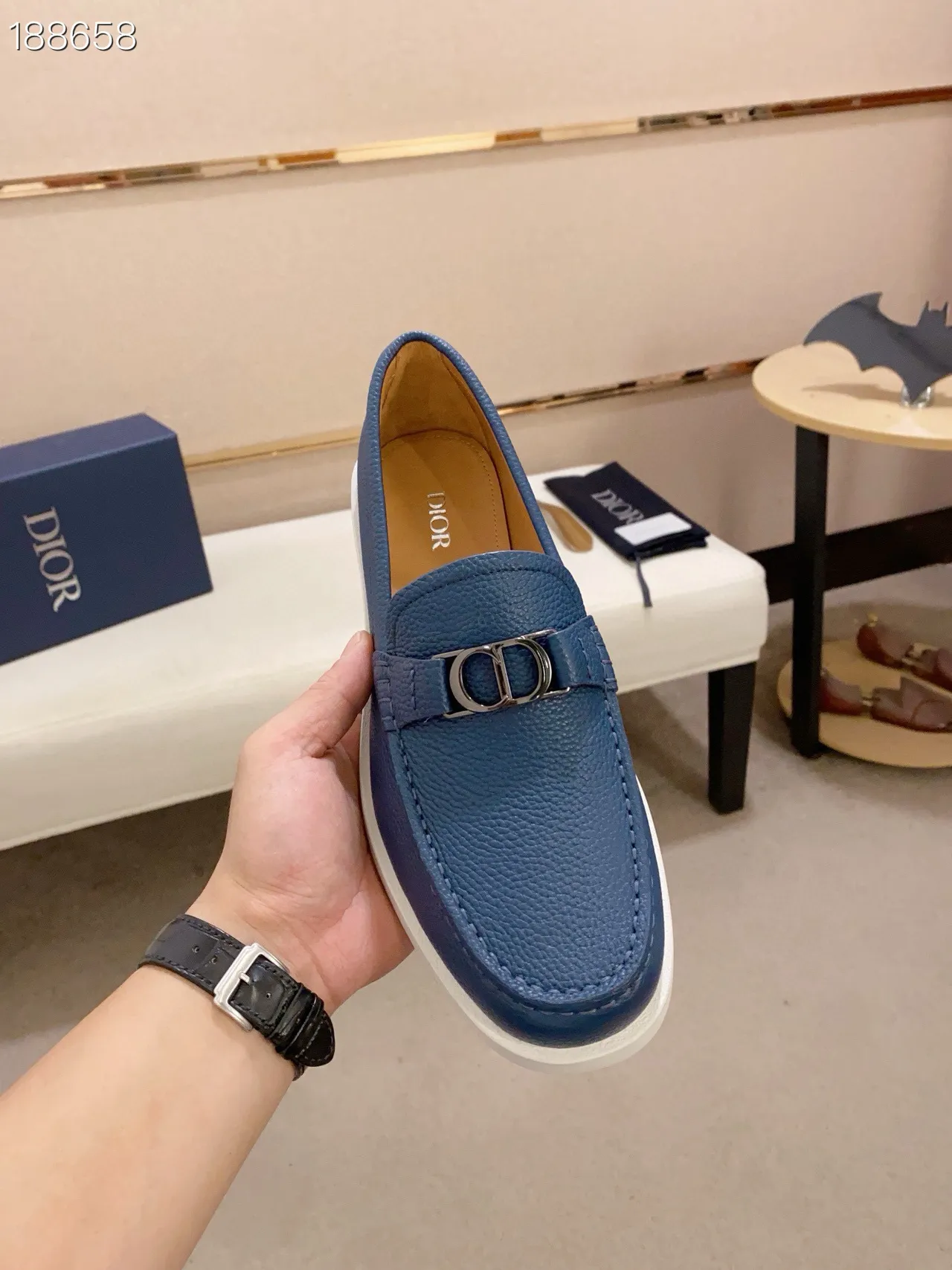 Dior Blue White Pebbled Leather CD Buckle Hardware Loafer 4