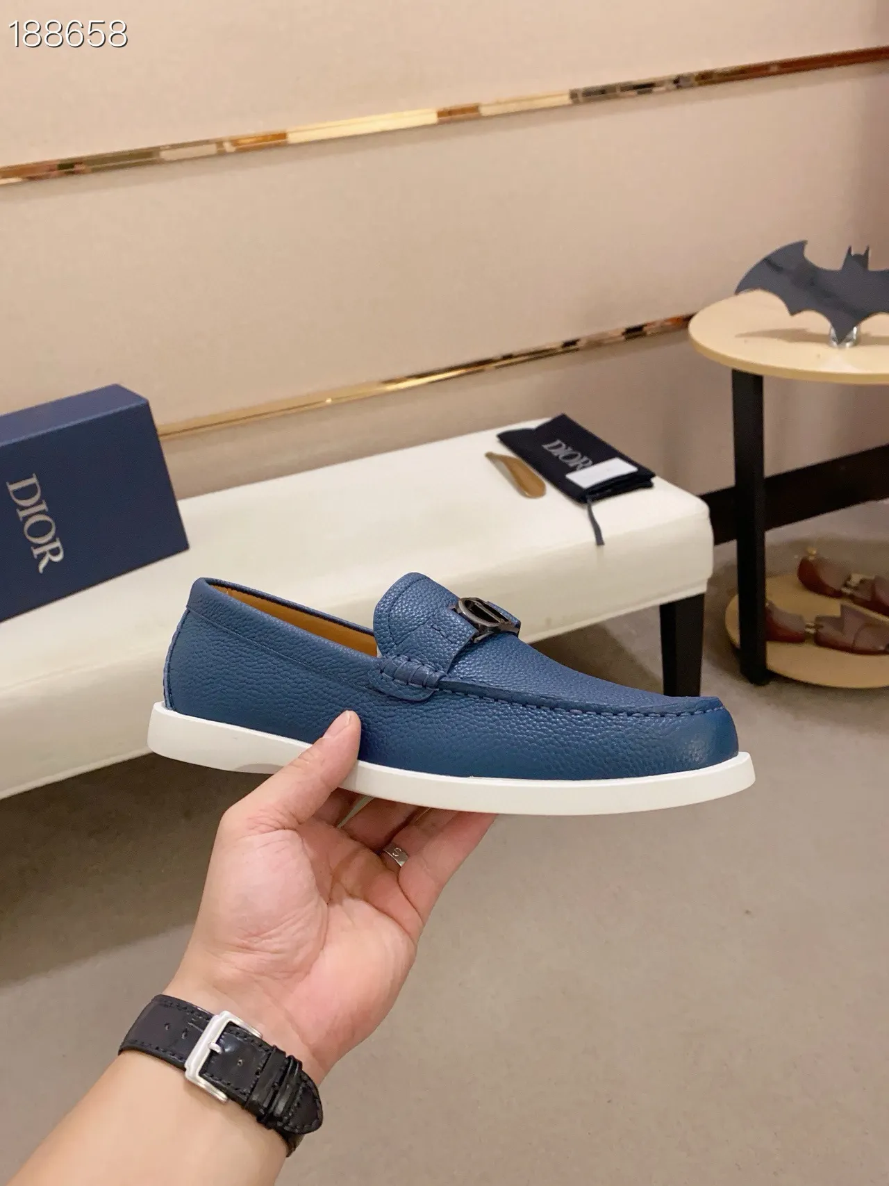 Dior Blue White Pebbled Leather CD Buckle Hardware Loafer 5