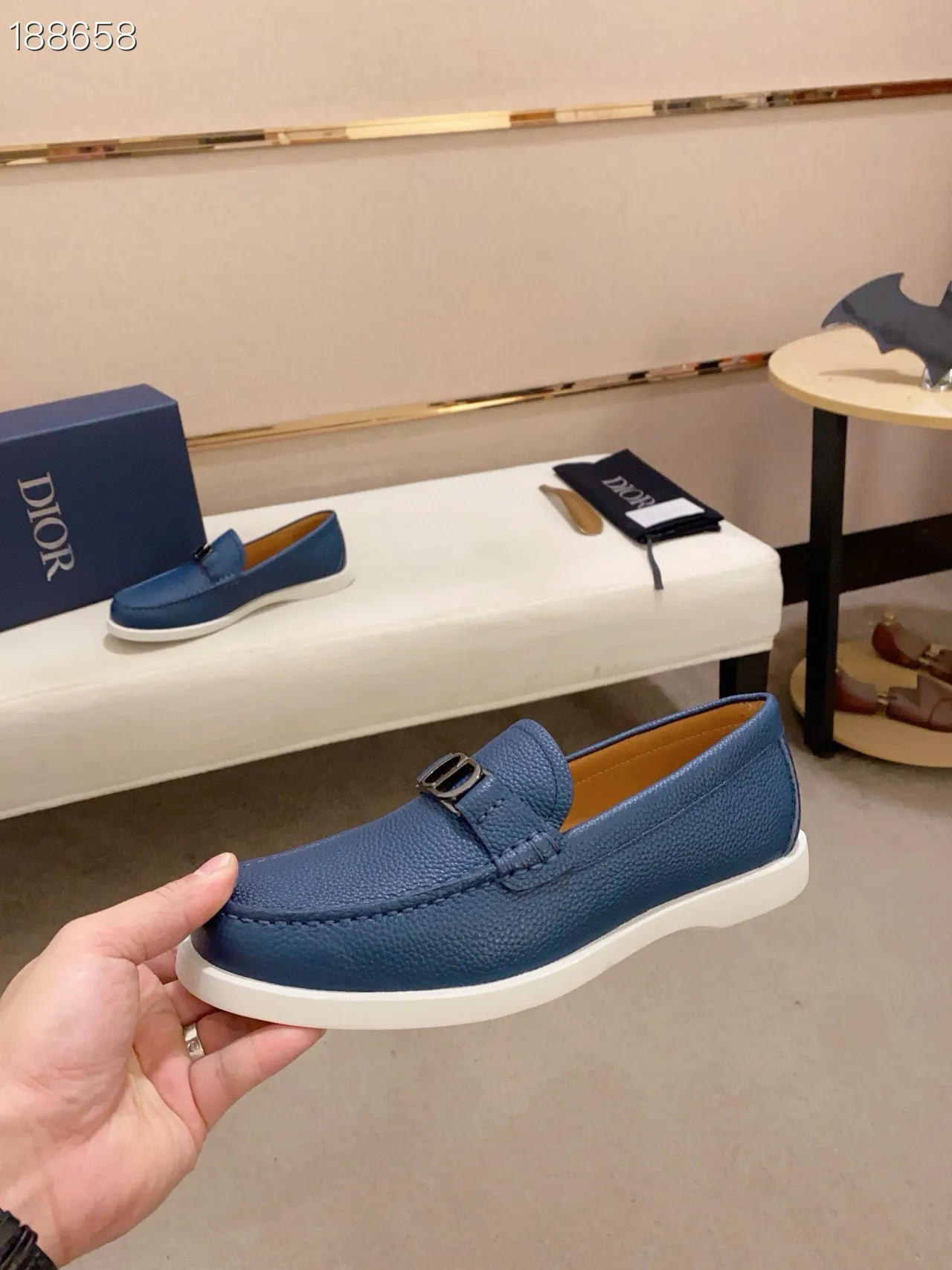 Dior Blue White Pebbled Leather CD Buckle Hardware Loafer 6