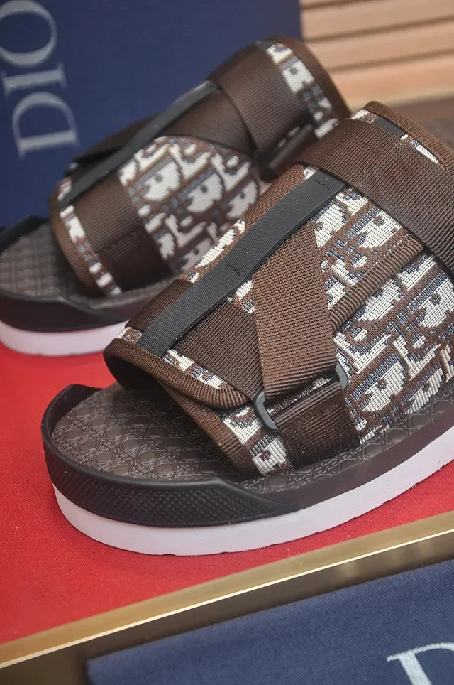 Dior Brown White Multi-Strap Oblique Jacquard Slippers 2