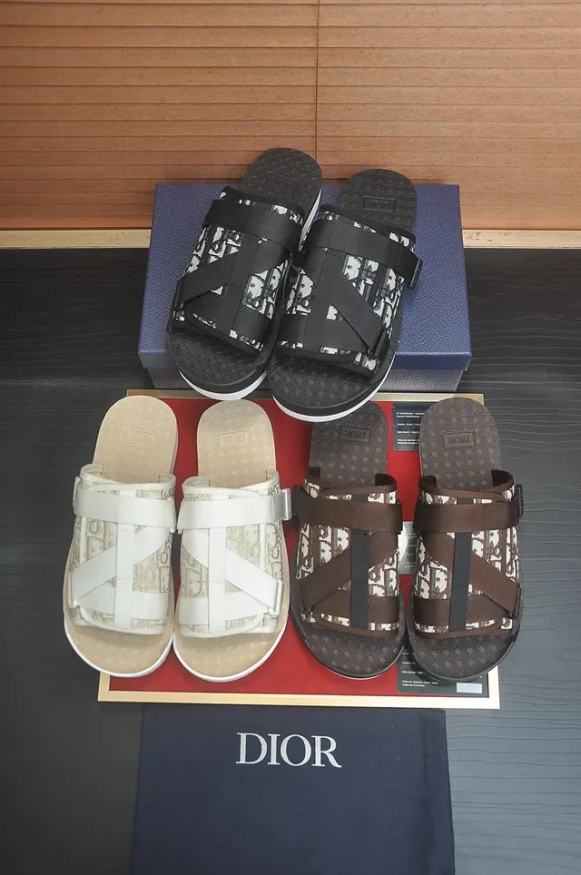 Dior Brown White Multi-Strap Oblique Jacquard Slippers 4