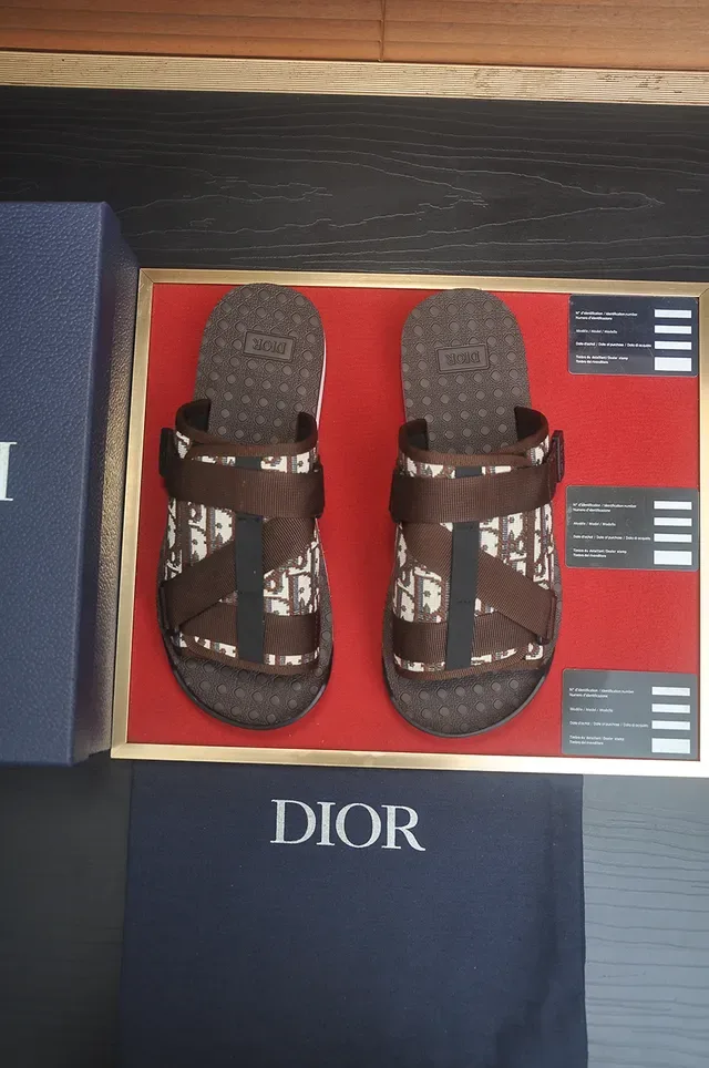 Dior Brown White Multi-Strap Oblique Jacquard Slippers 5