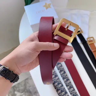 Dior Burgundy Gold Narrow Strap Square Buckle Leather Belt