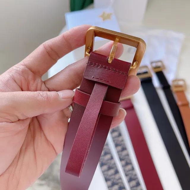 Dior Cinto de couro borgonha ouro tira estrecha fivela quadrada 2