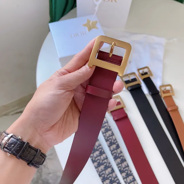 Dior Cinto de couro borgonha ouro tira estrecha fivela quadrada 3