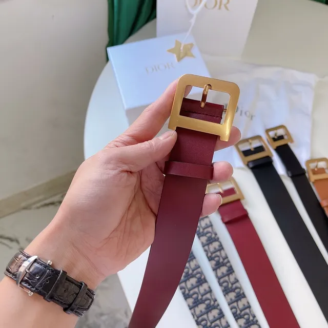 Dior Cinto de couro borgonha ouro tira estrecha fivela quadrada 4