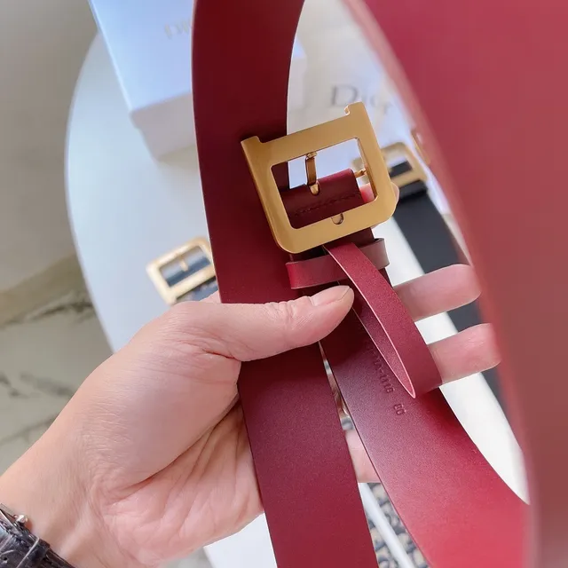 Dior Cinto de couro borgonha ouro tira estrecha fivela quadrada 5