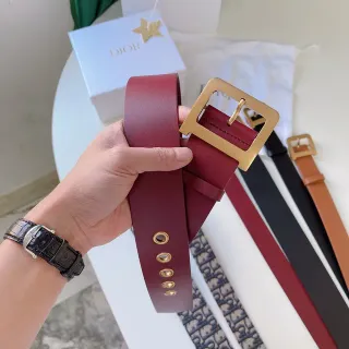 Dior বার্গান্ডি সোনালি মসৃণ আয়তাকার বকল চামড়ার বেল্ট