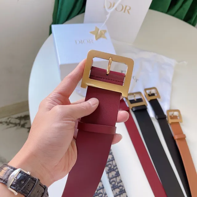 Dior Burgundy Gold Smooth Rectangular Buckle Leather Belt 2