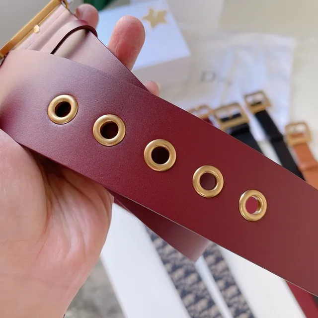 Dior Burgundy Gold Smooth Rectangular Buckle Leather Belt 6