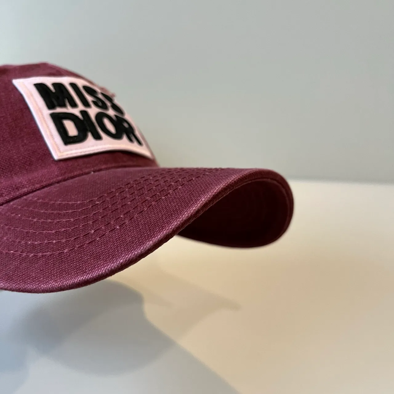 Dior Burgundy White Distressed Fabric Embroidered Patch Logo Baseball Cap 4